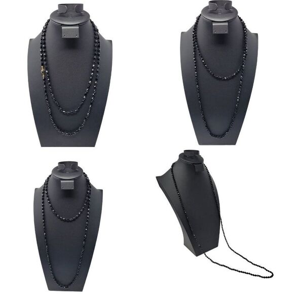 Vintage Signed Austrian Black Glass Beaded Flapper Necklace Oblong Bicone Long - Picture 1 of 13